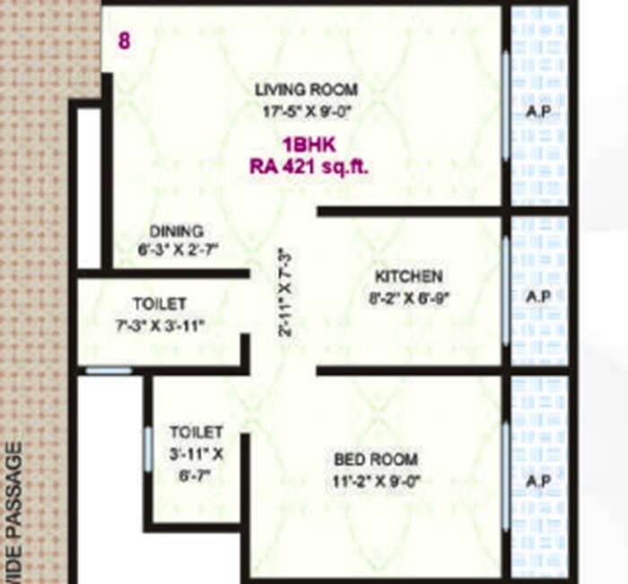 Floor plan of 1 BHK 421 Sq. Ft. Apartment in Rajlaxmi Shanti Niwas, Palghar