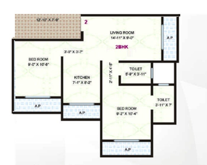 Floor plan of 2 BHK 475 Sq. Ft. Apartment in Rajlaxmi Shanti Niwas, Palghar