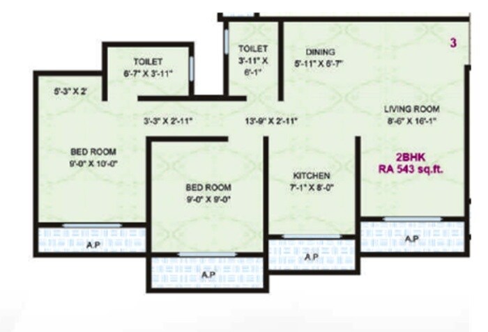 Floor plan of 2 BHK 544 Sq. Ft. Apartment in Rajlaxmi Shanti Niwas, Palghar