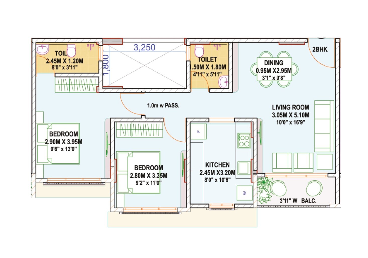Floor plan of 2 BHK 651 Sq. Ft. Apartment in Rajyog Heights Apartments, Palghar
