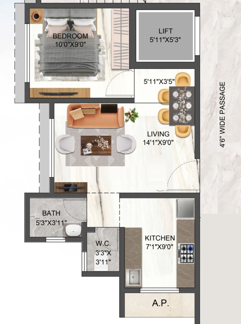 Floor plan of 1 BHK 323 Sq. Ft. Apartment in Rancy Savli Apartments, Palghar