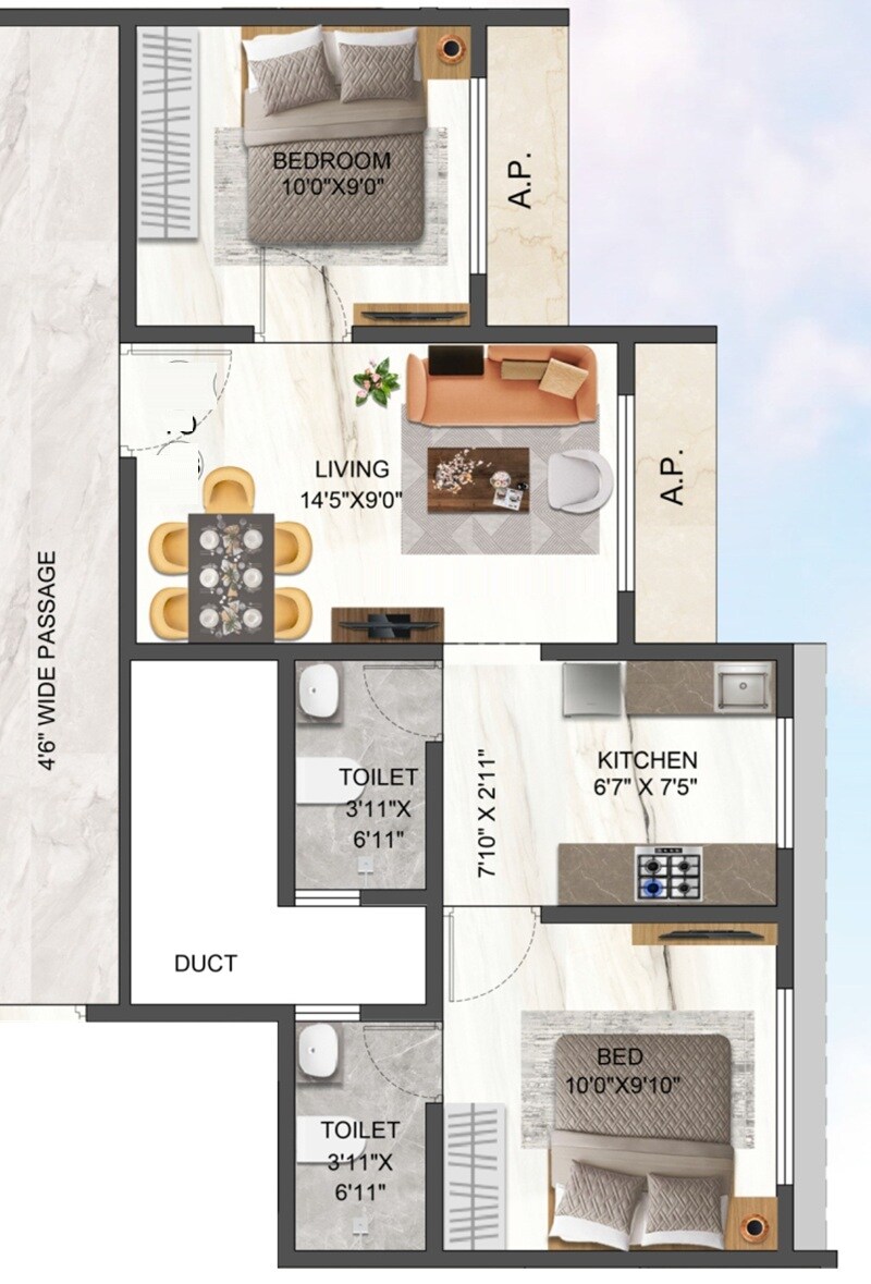 Floor plan of 2 BHK 472 Sq. Ft. Apartment in Rancy Savli Apartments, Palghar