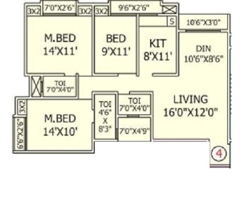 Floor plan of 3 BHK 793 Sq. Ft. Apartment in Rashmi Heights, Palghar