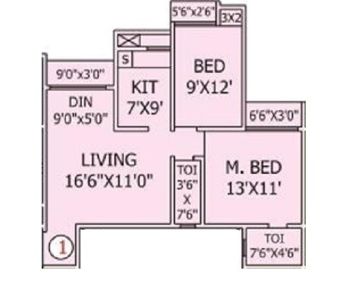 Floor plan of 2 BHK 593 Sq. Ft. Apartment in Rashmi Heights, Palghar