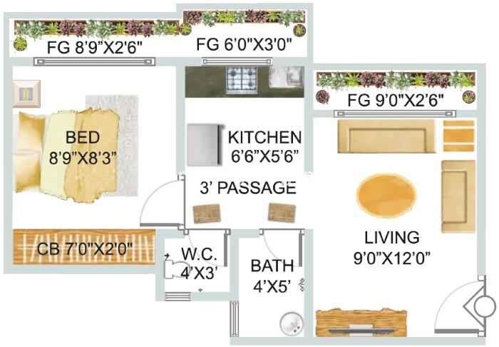 Floor plan of 1 BHK 420 Sq. Ft. Apartment in Rashmi Lake View, Palghar
