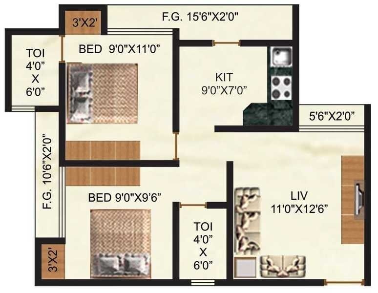 Floor plan of 2 BHK 478 Sq. Ft. Apartment in Rashmi Pink City, Palghar