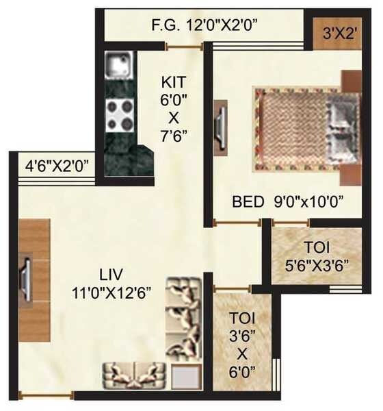 Floor plan of 1 BHK 345 Sq. Ft. Apartment in Rashmi Pink City Phase 1, Palghar