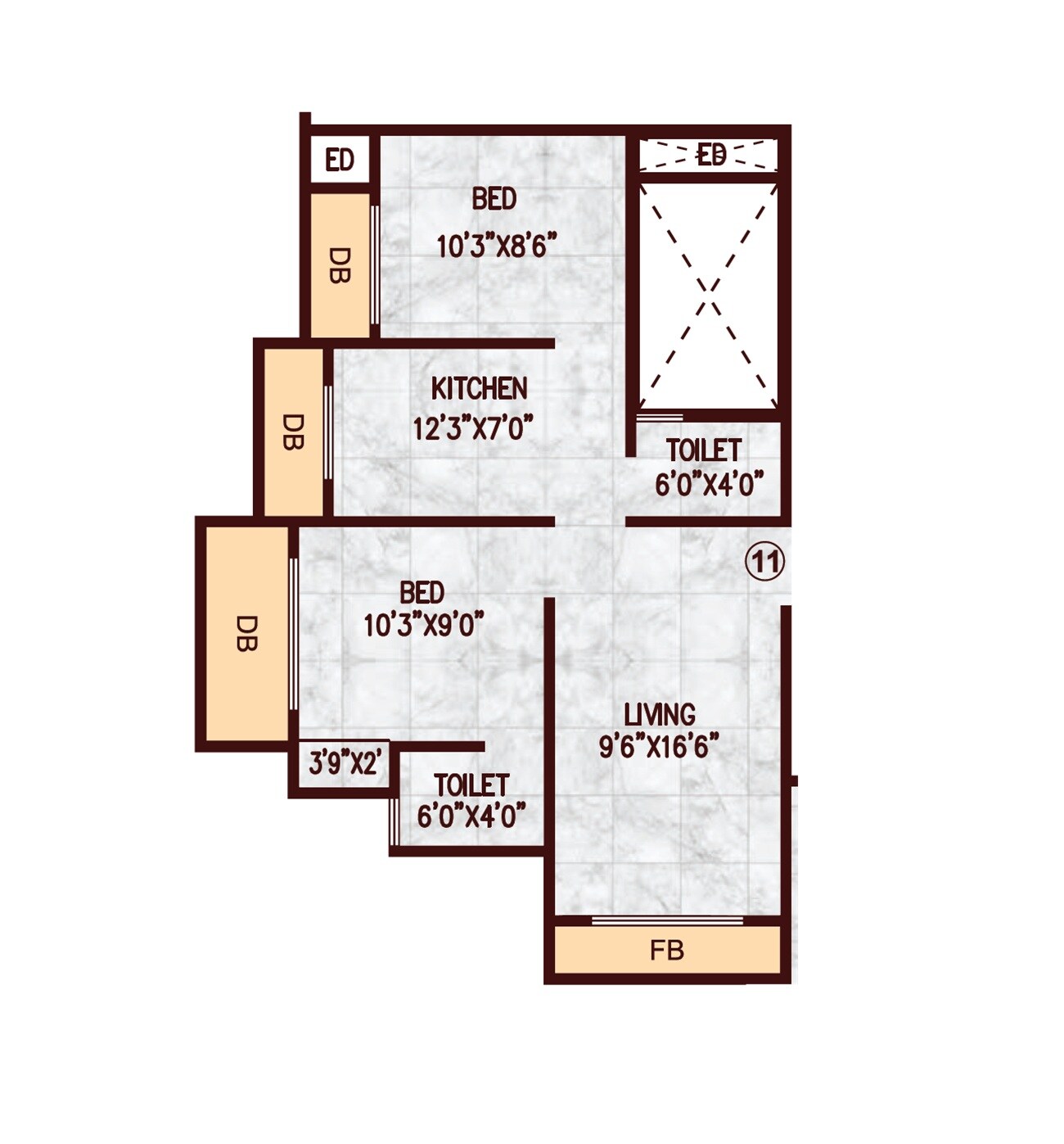 Floor plan of 2 BHK 865 Sq. Ft. Apartment in Realtech Dhananjay Heights, Palghar