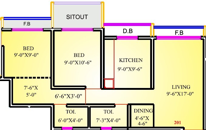 Floor plan of 2 BHK 623 Sq. Ft. Apartment in Reliable Prestige, Palghar
