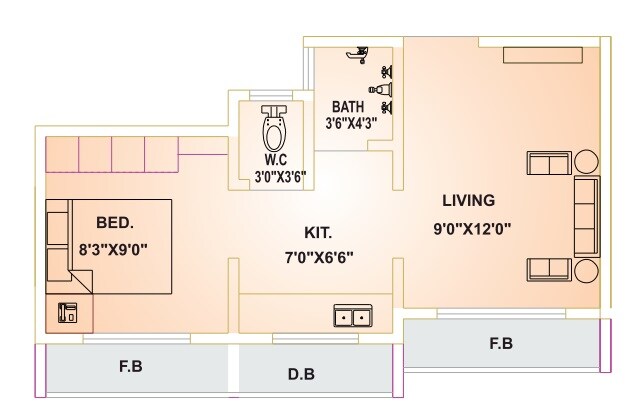 Floor plan of 1 BHK 279 Sq. Ft. Apartment in Reliable Swapna Nagari, Palghar