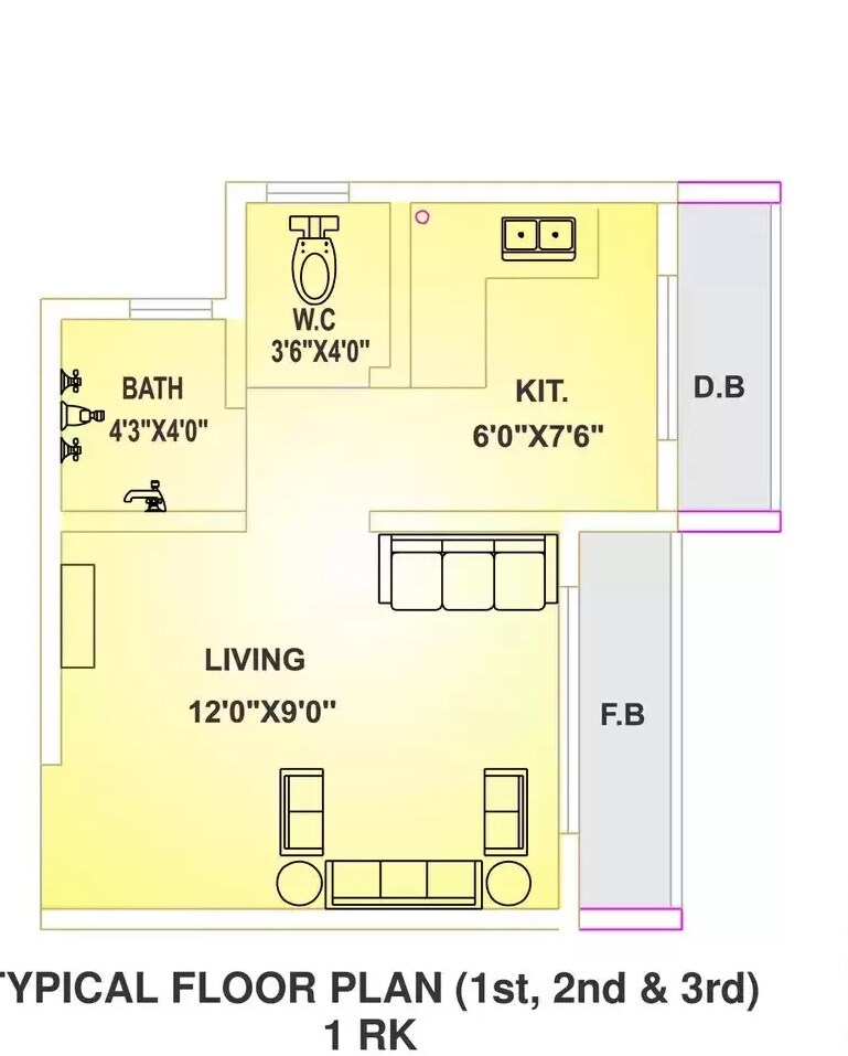 Floor plan of 208 Sq. Ft. Studio in Reliable Swapna Nagari, Palghar