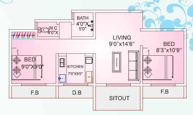 Floor plan of 2 BHK 383 Sq. Ft. Apartment in Reliable Township, Palghar