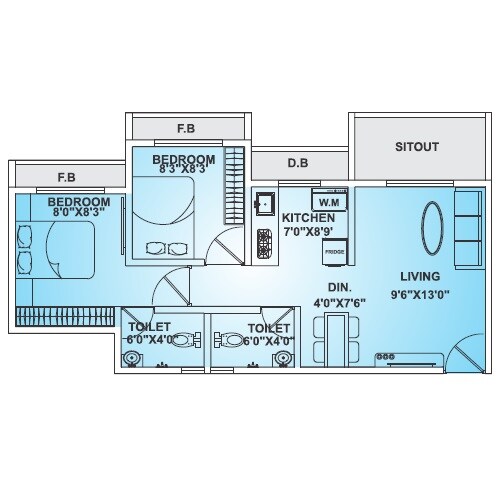 Floor plan of 2 BHK 438 Sq. Ft. Apartment in Reliable Utkarsh, Palghar