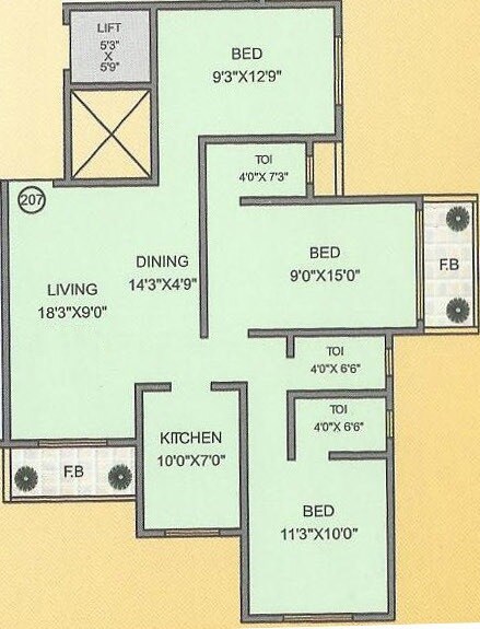 Floor plan of 3 BHK 1030 Sq. Ft. Apartment in Rishabh Yashodham Veehar, Palghar