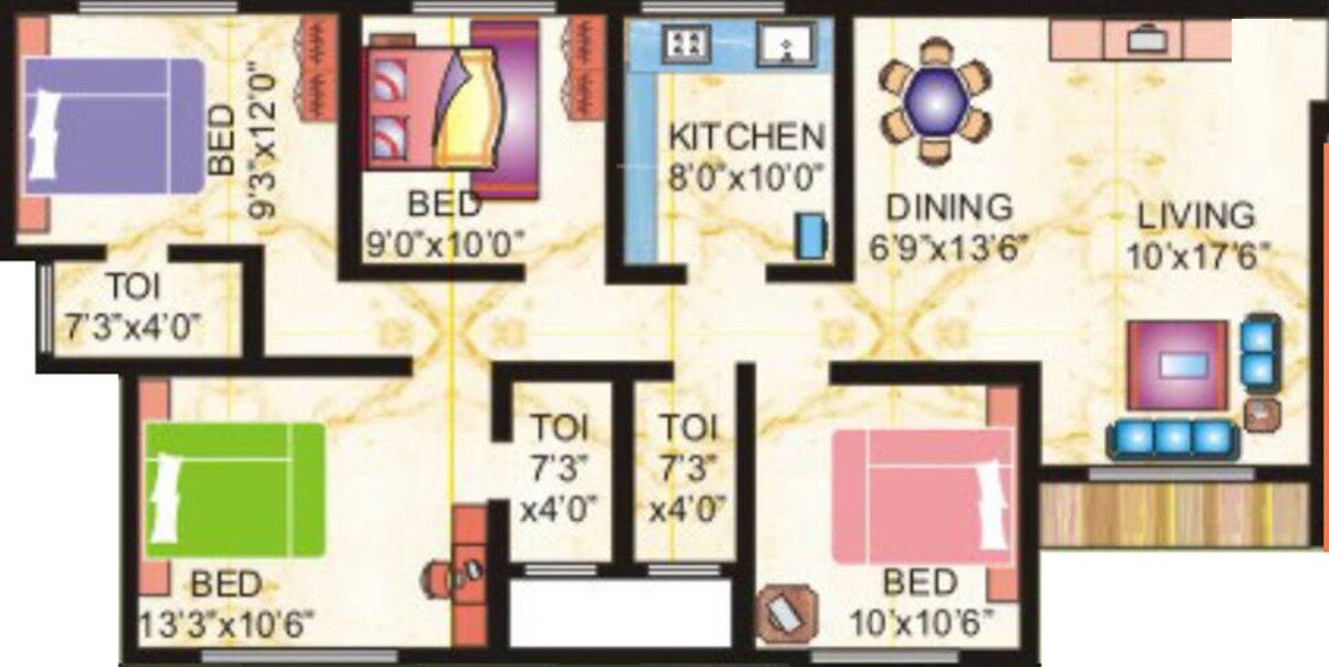 Floor plan of 4 BHK 1515 Sq. Ft. Apartment in Rishabh Yashodham Veehar, Palghar