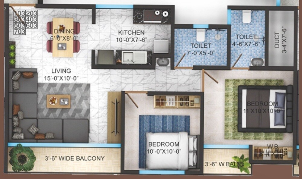 2 BHK 750 Sq. Ft. Apartment