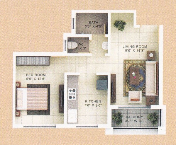 Floor plan of 1 BHK 363 Sq. Ft. Apartment in Roop Rajat Park, Palghar