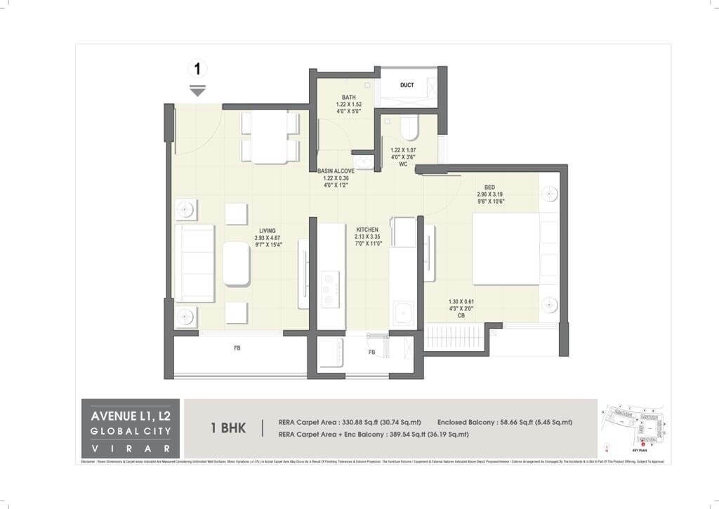 Floor plan of 1 BHK 331 Sq. Ft. Apartment in Rustomjee Avenue D1, Palghar