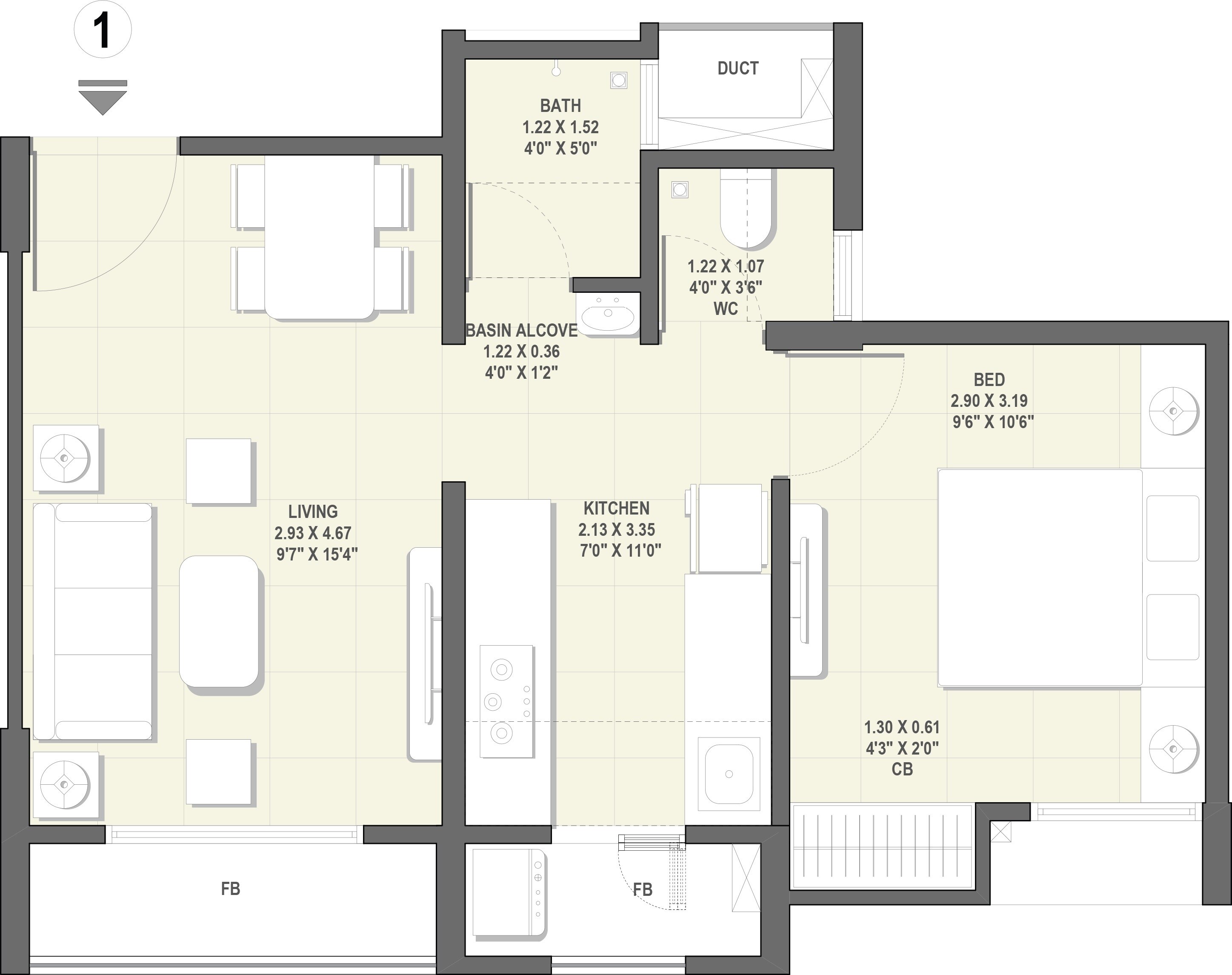 Floor plan of 1 BHK 389 Sq. Ft. Apartment in Rustomjee Avenue D1, Palghar