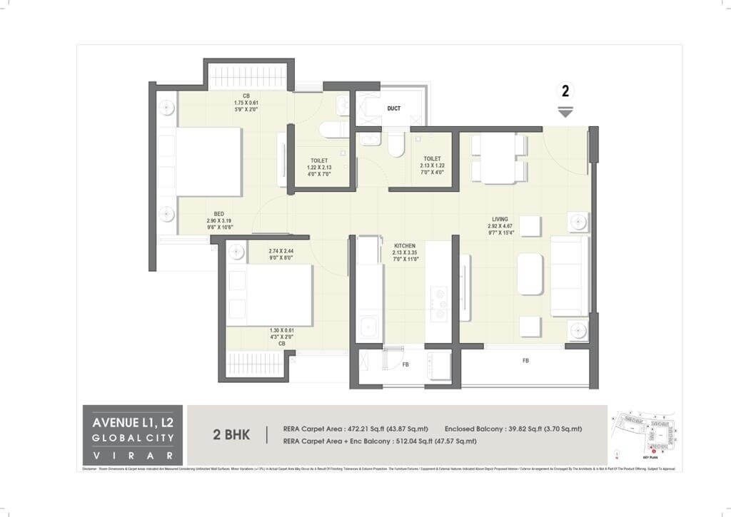 Floor plan of 2 BHK 472 Sq. Ft. Apartment in Rustomjee Avenue D1, Palghar