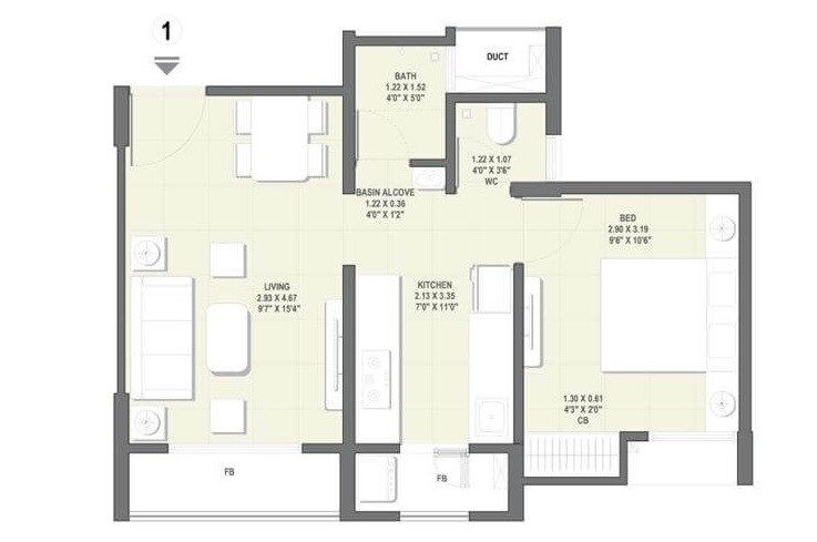 Floor plan of 1 BHK 389 Sq. Ft. Apartment in Rustomjee Avenue D1 Wing A And Wing B, Palghar