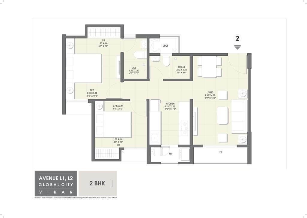 Floor plan of 2 BHK 512 Sq. Ft. Apartment in Rustomjee Avenue D1 Wing A And Wing B, Palghar