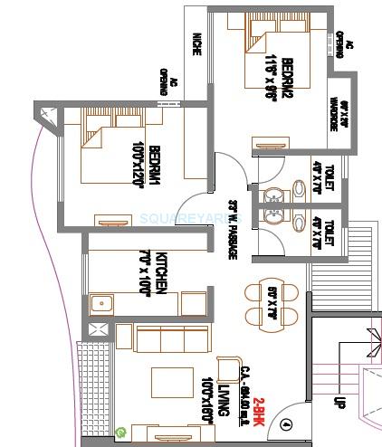 Floor plan of 2 BHK 604 Sq. Ft. Apartment in Rustomjee Avenue M, Palghar