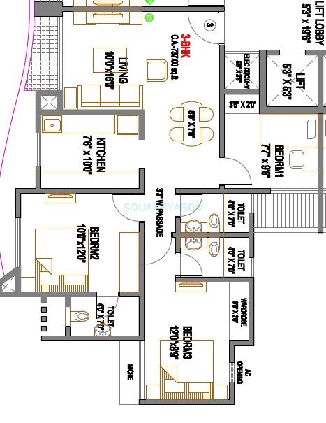 Floor plan of 3 BHK 737 Sq. Ft. Apartment in Rustomjee Avenue M, Palghar