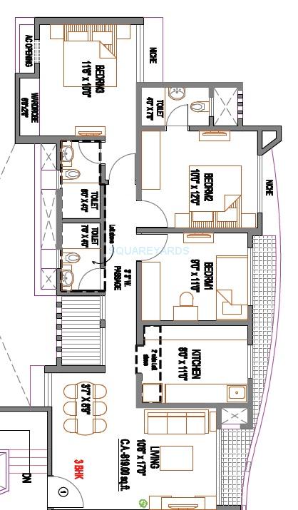 Floor plan of 3 BHK 819 Sq. Ft. Apartment in Rustomjee Avenue M, Palghar