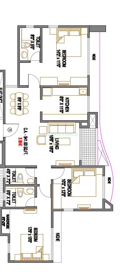 Floor plan of 3 BHK 941 Sq. Ft. Apartment in Rustomjee Avenue M, Palghar