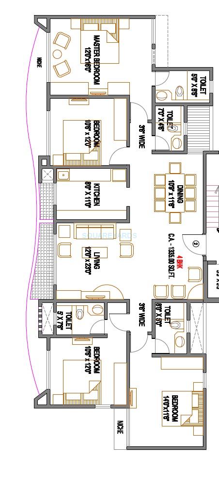 Floor plan of 4 BHK 1335 Sq. Ft. Apartment in Rustomjee Avenue M, Palghar