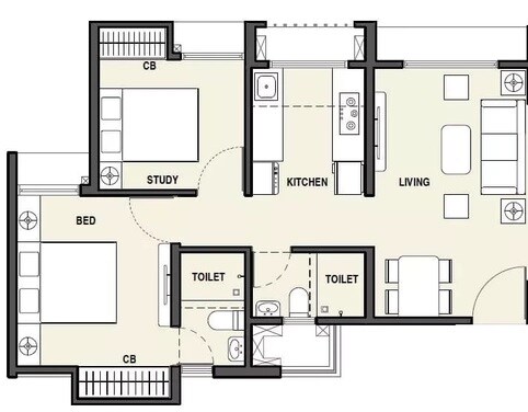 Floor plan of 2 BHK 472 Sq. Ft. Apartment in Rustomjee Virar Avenue L1 L2 And L4 Wing E And F, Palghar