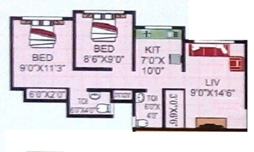 Floor plan of 2 BHK Apartment - 477 sq. ft. in Saakar Laxmi Apartment, Palghar