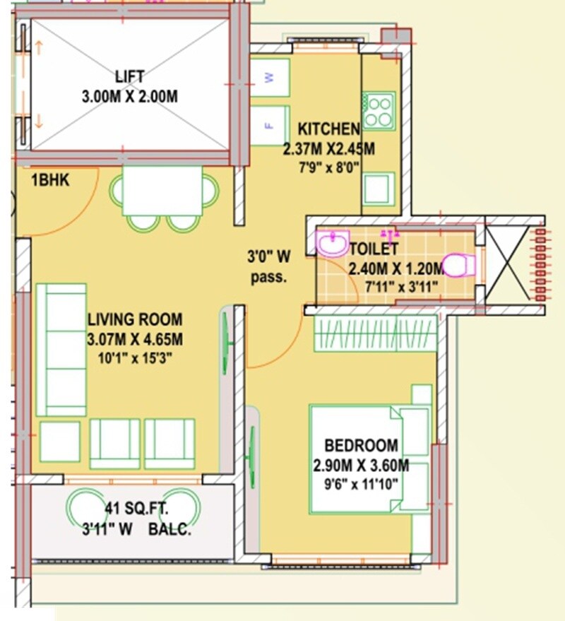 Floor plan of 1 BHK 434 Sq. Ft. Apartment in Sadguru Shanti Heights, Palghar