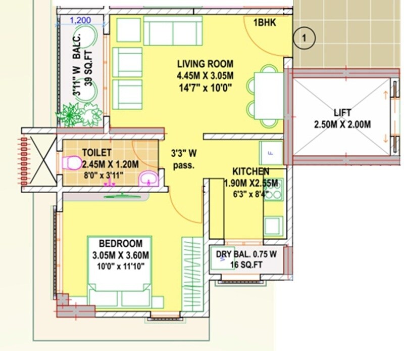 Floor plan of 1 BHK 454 Sq. Ft. Apartment in Sadguru Shanti Heights, Palghar