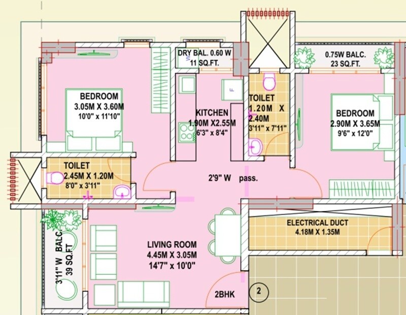 Floor plan of 2 BHK 638 Sq. Ft. Apartment in Sadguru Shanti Heights, Palghar