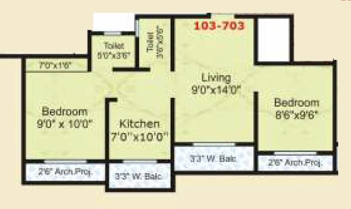 Floor plan of 2 BHK 444 Sq. Ft. Apartment in Sadguru Tower Mumbai, Palghar