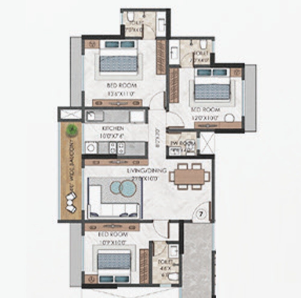 Floor plan of 3 BHK 878 Sq. Ft. Apartment in Sagar Merkez, Palghar