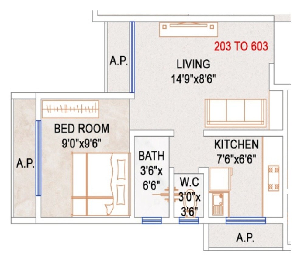 Floor plan of 1 BHK 309 Sq. Ft. Apartment in Sai Amit Palace CHS, Palghar