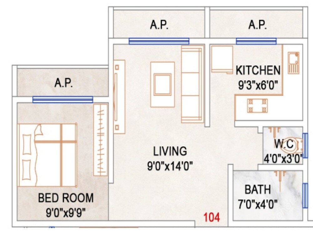 Floor plan of 1 BHK 429 Sq. Ft. Apartment in Sai Amit Palace CHS, Palghar