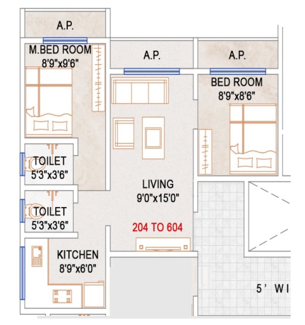 Floor plan of 2 BHK 444 Sq. Ft. Apartment in Sai Amit Palace CHS, Palghar