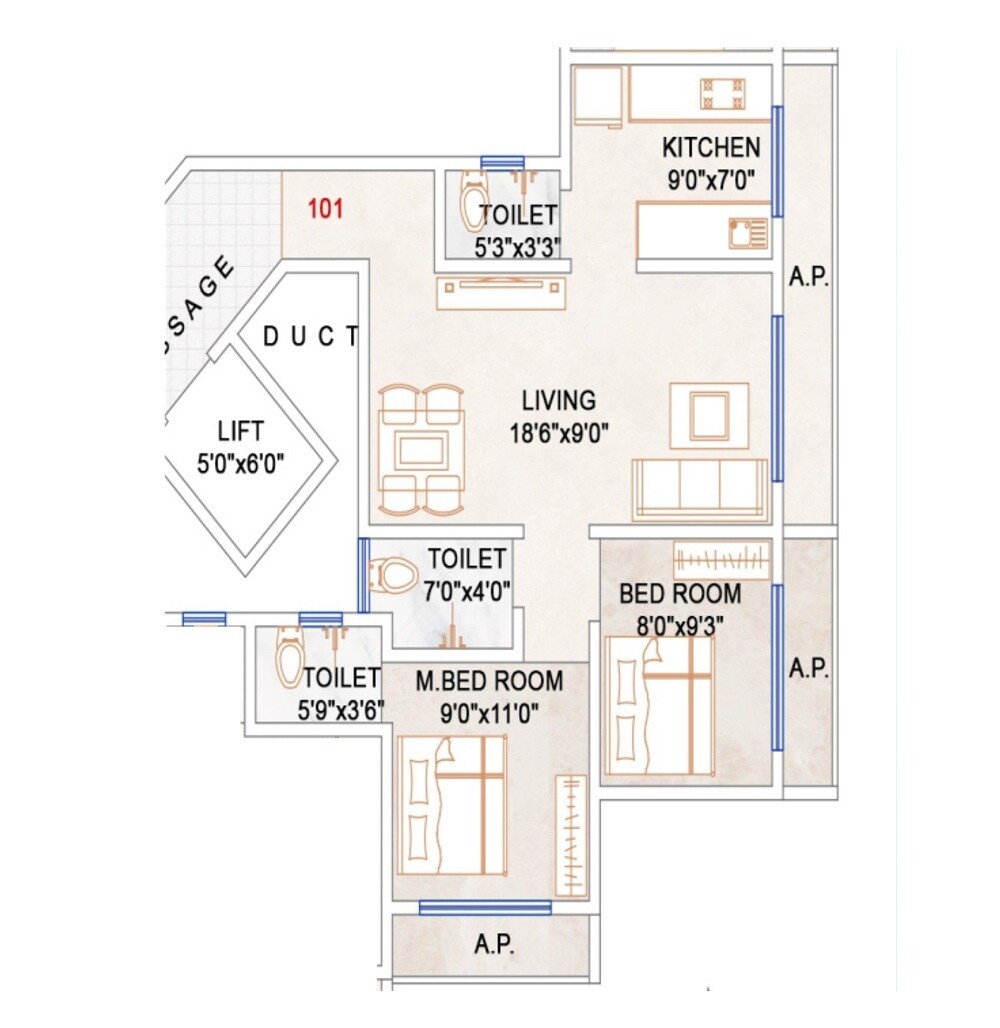 Floor plan of 2 BHK 498 Sq. Ft. Apartment in Sai Amit Palace CHS, Palghar