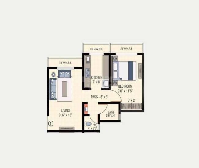 Floor plan of 1 BHK 350 Sq. Ft. Apartment in Sai Green Park, Palghar