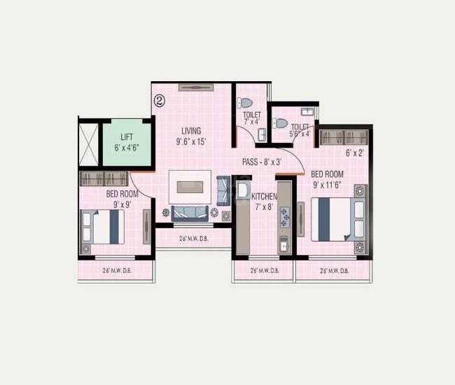 Floor plan of 2 BHK 556 Sq. Ft. Apartment in Sai Green Park, Palghar