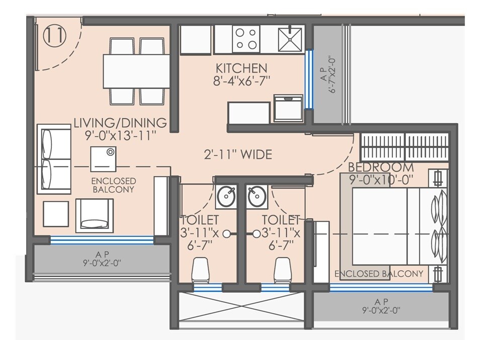 Floor plan of 1 BHK 416 Sq. Ft. Apartment in Sairam Leela, Palghar