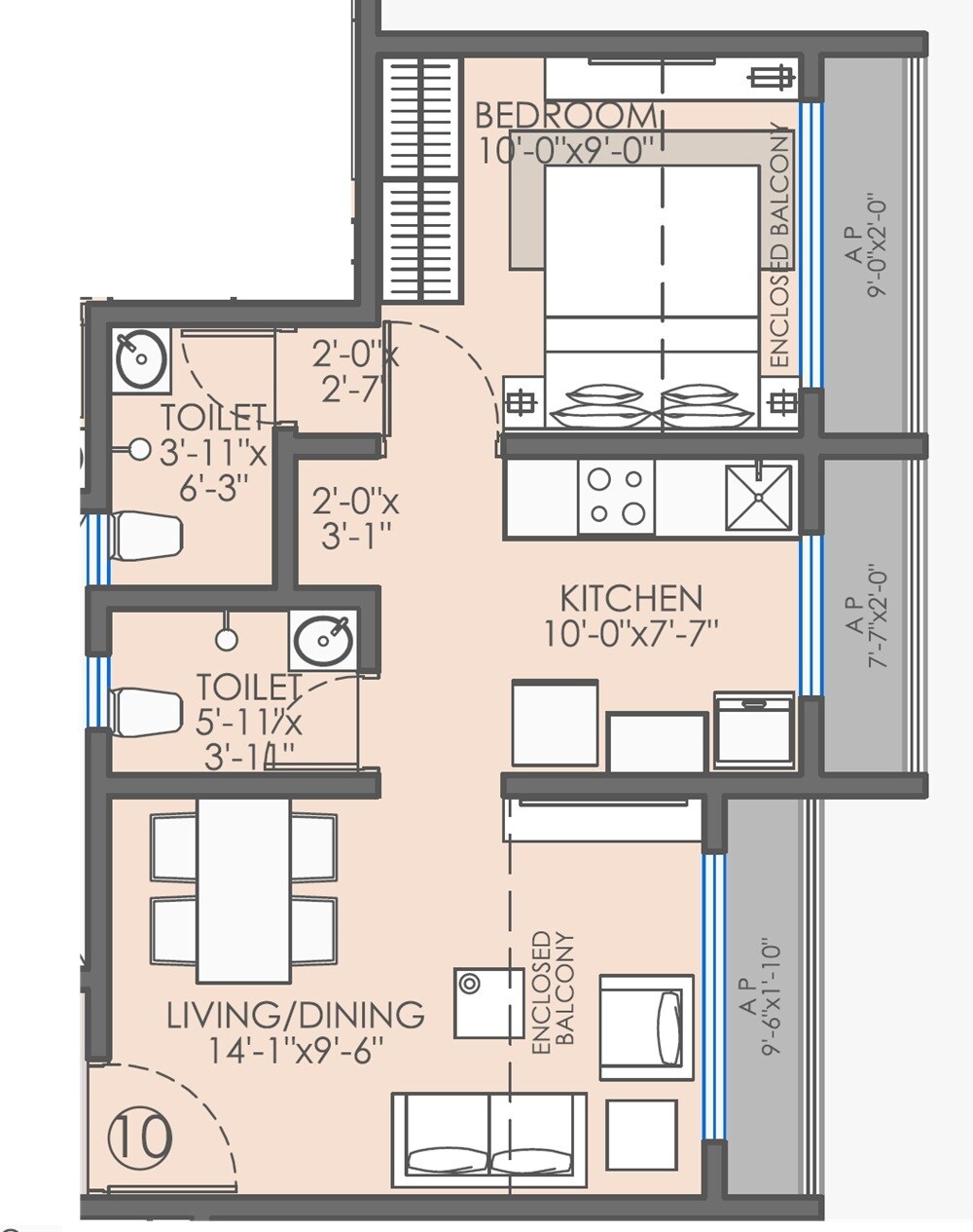 Floor plan of 1 BHK 428 Sq. Ft. Apartment in Sairam Leela, Palghar