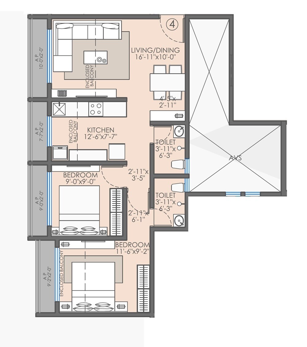 Floor plan of 2 BHK 573 Sq. Ft. Apartment in Sairam Leela, Palghar