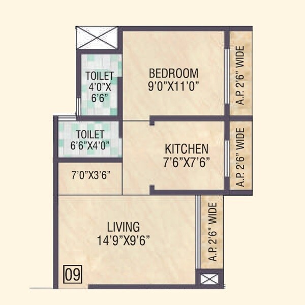 Floor plan of 1 BHK 560 Sq. Ft. Apartment in Samaira Opulence, Palghar