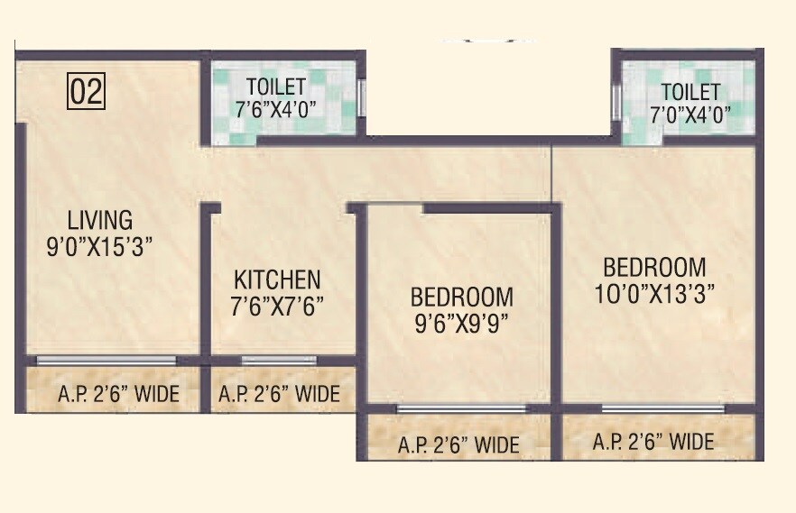 Floor plan of 2 BHK 659 Sq. Ft. Apartment in Samaira Opulence, Palghar