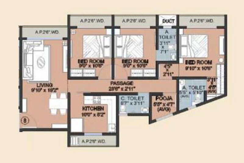 Floor plan of 3 BHK 835 Sq. Ft. Apartment in Sanskruti Pinnacle, Palghar